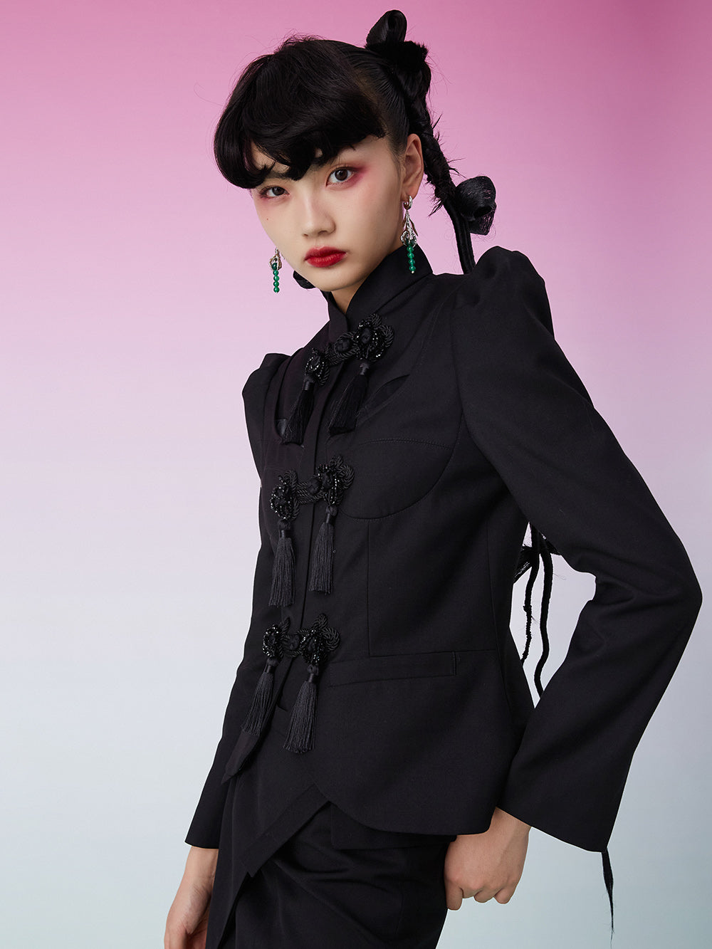 MUKZIN Shoulder Pads Fringe Black Suit Coat