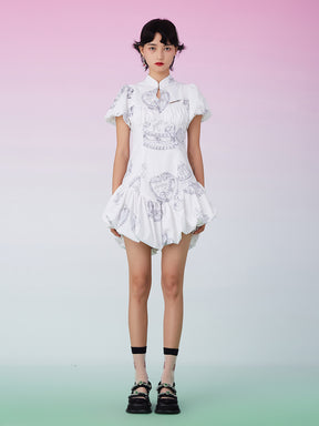 MUKZIN Ruffle Hem White Cheongsam