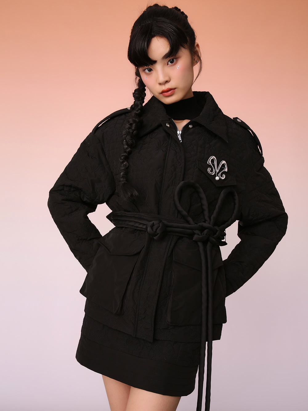 MUKZIN Black Knit Jacquard Jacket with Waist Panel