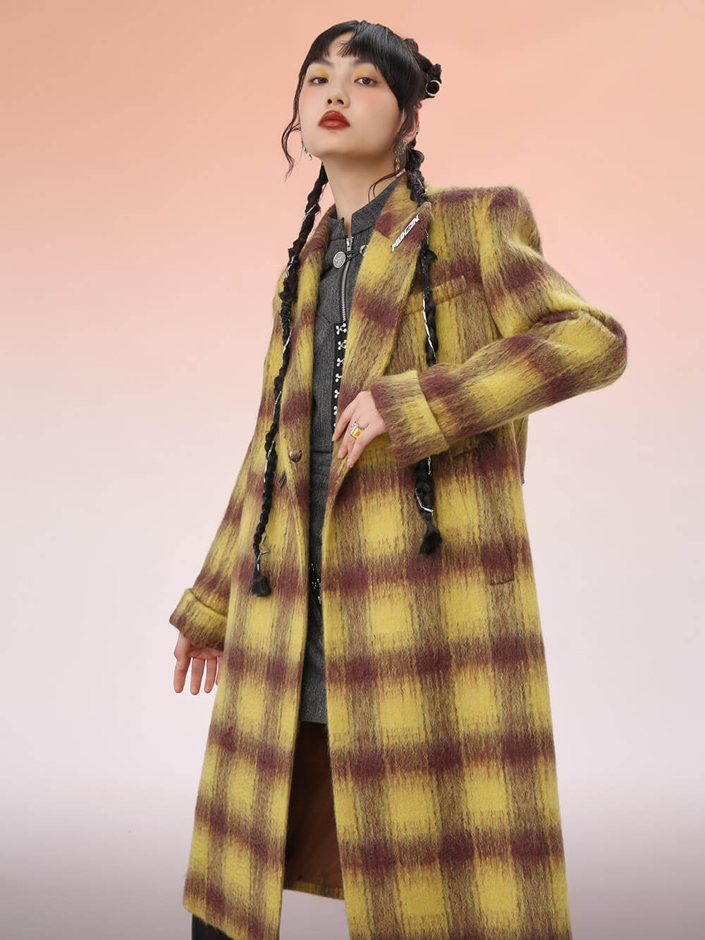MUKZIN Long Yellow Brown Woolen Coat