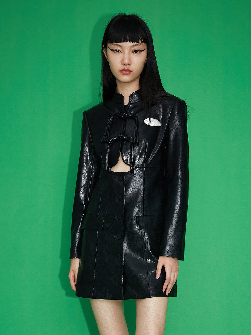 MUKZIN Leather Cut Out Black Reformed Cheongsam Cutout Dress