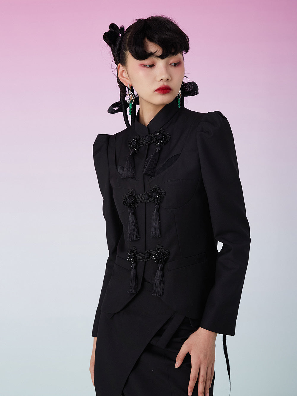 MUKZIN Shoulder Pads Fringe Black Suit Coat