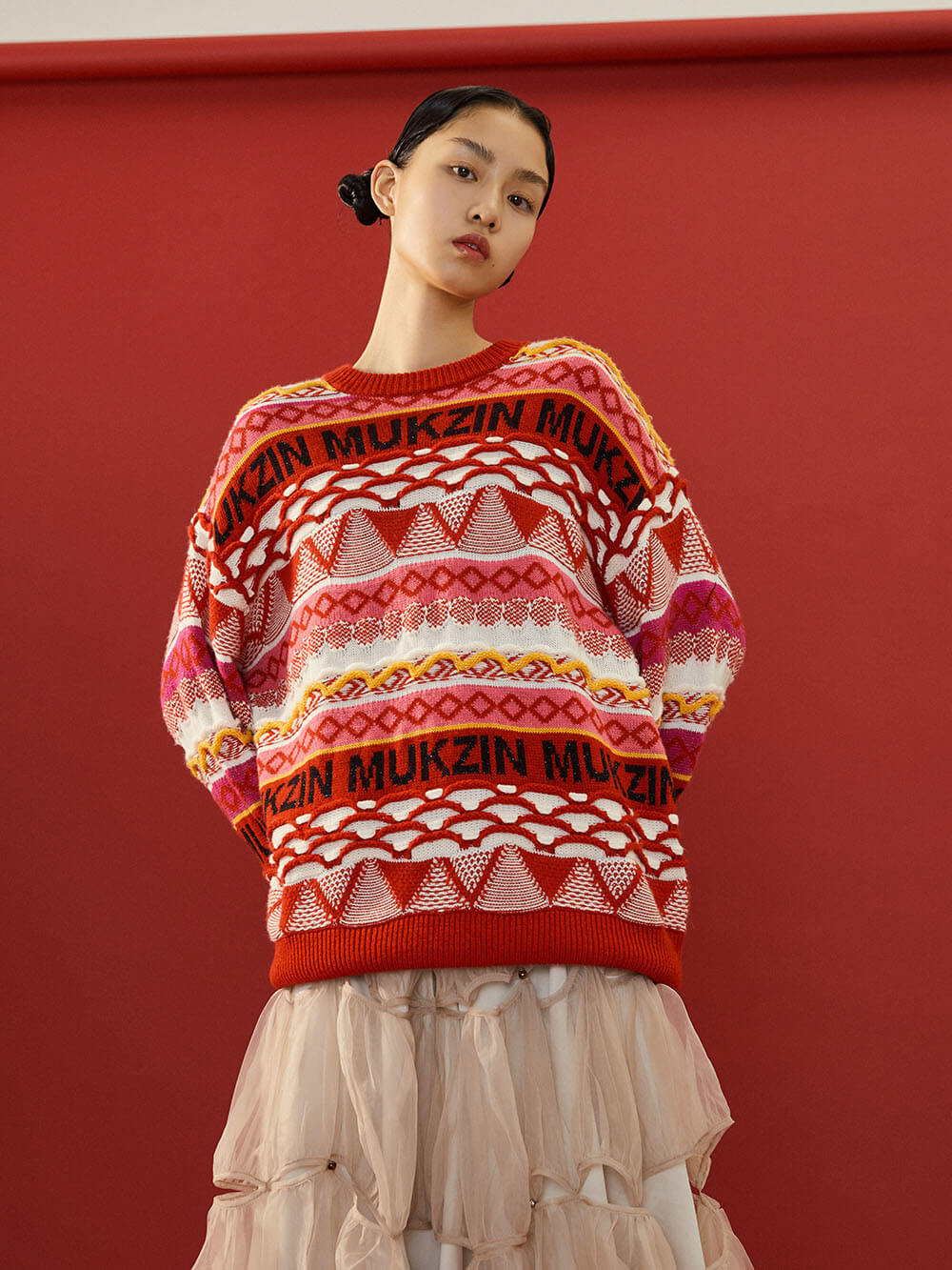 MUKZIN Knit Woolen Contrast Red Orange Sweater