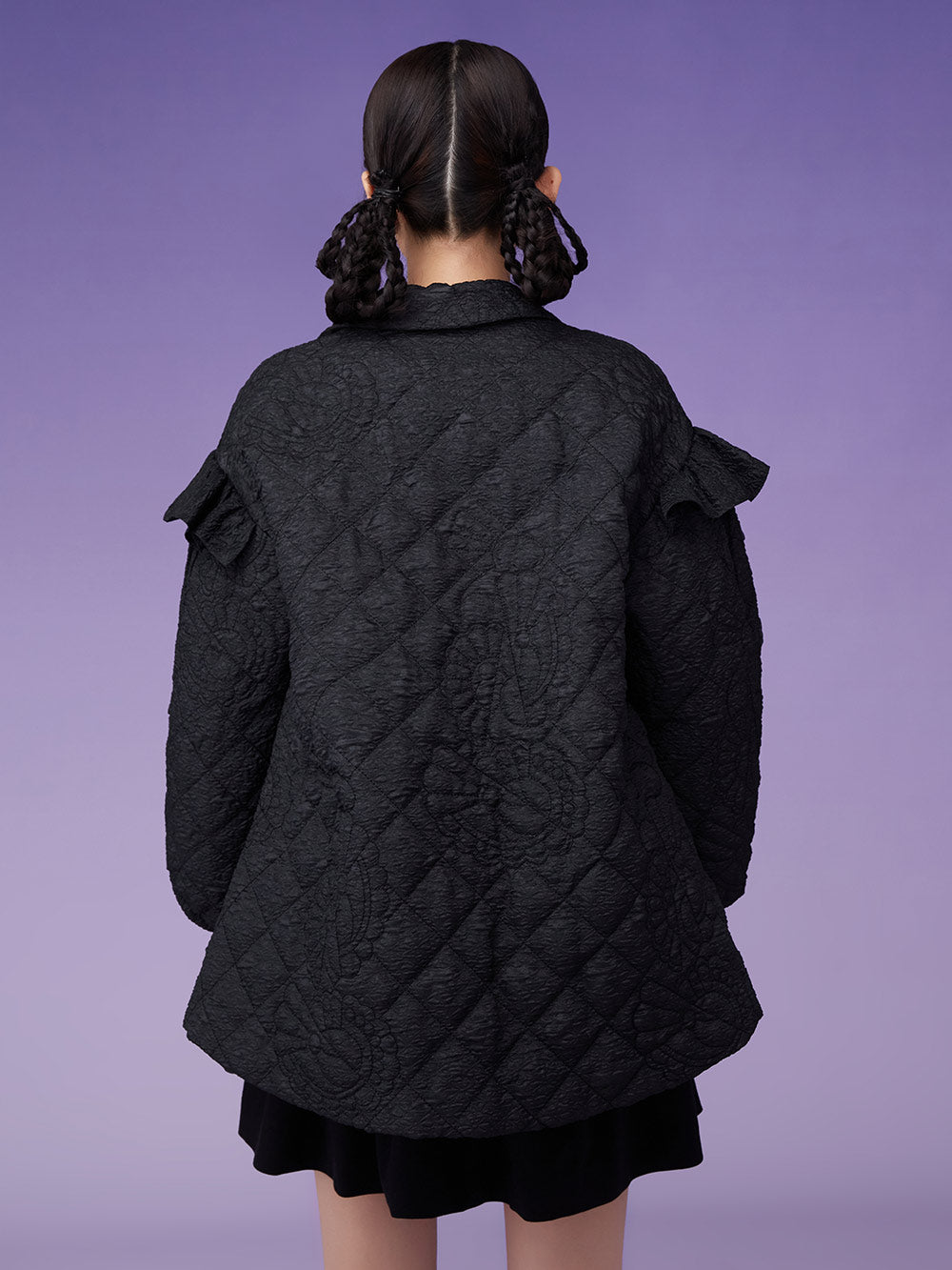 MUKZIN Black Three-dimensional Jacquard A-line mid-length Jacket