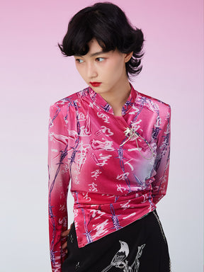 MUKZIN Retro Ruched Print Pink Shirt