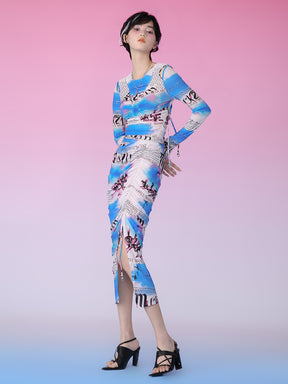 MUKZIN Blue Print Asymmetric Slit Skirt