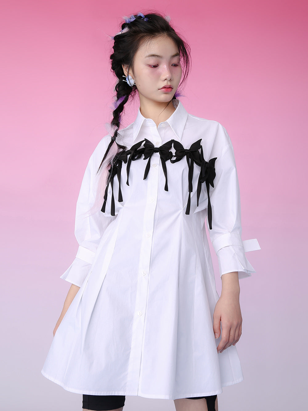 MUKZIN Butterfly Ribbon Waist White Shirt Dress