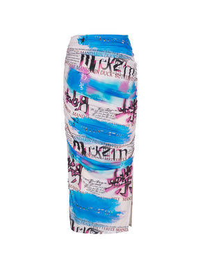 MUKZIN Blue Print Asymmetric Slit Skirt