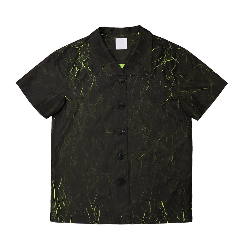 MUKTANK X COOLOTHES Fluorescent Green Cracked Crinkle Clover Neck Short Sleeve Black Shirt
