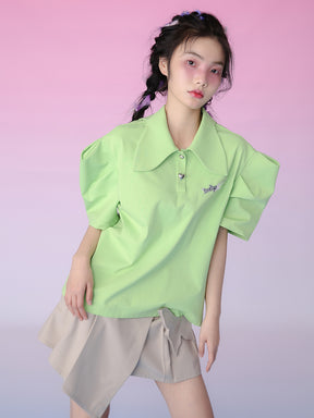 MUKZIN Cute Puff Sleeves Green Polo T-shirt